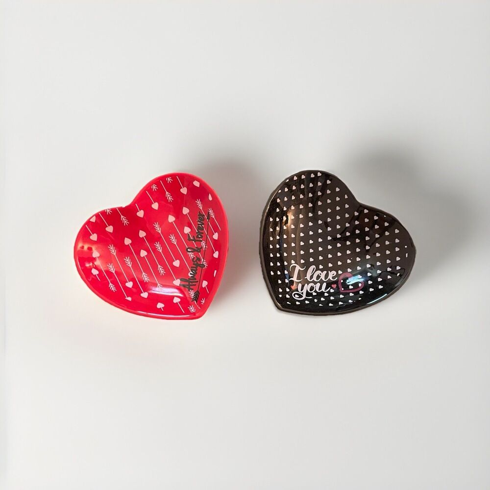 Red & Black  Heart Shaped Glazed Ceramic Trinket Jewelry Tray Dish Lot Of 2
